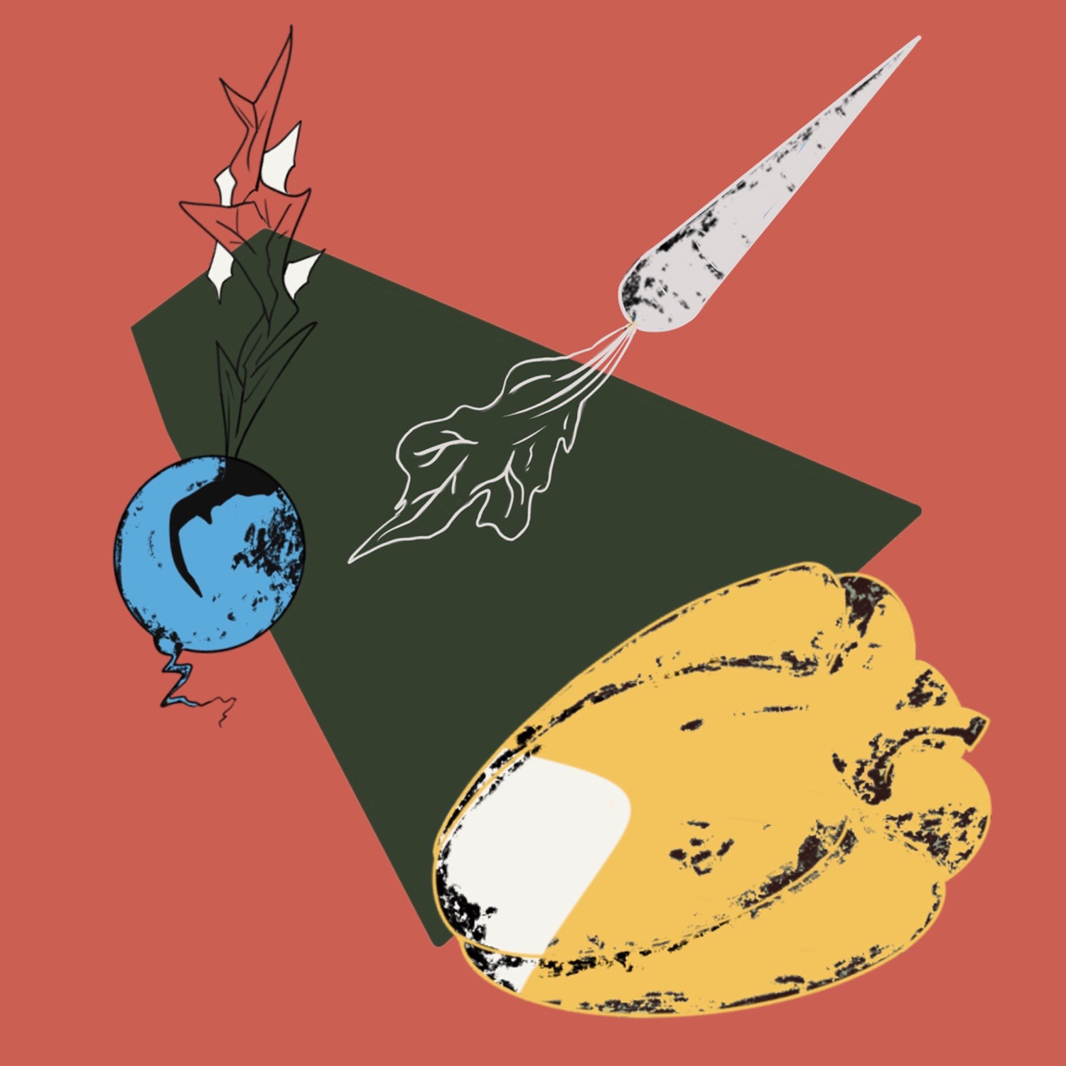 Editorial draw of vegetables and a bowl.